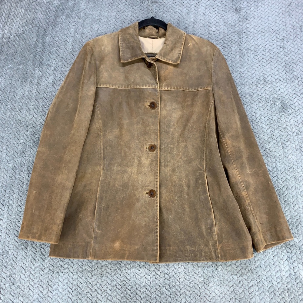 Overland Womens Large Brown Genuine Leather Button Front Jacket Soft Lightweight